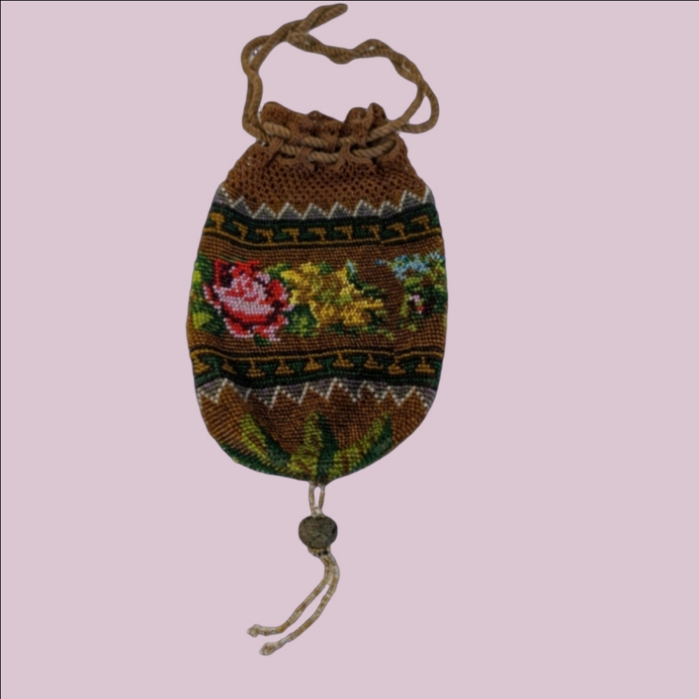 VINTAGE  Bag Beaded Embroidered Brown Drawstring 1800 VICTORIAN ERA